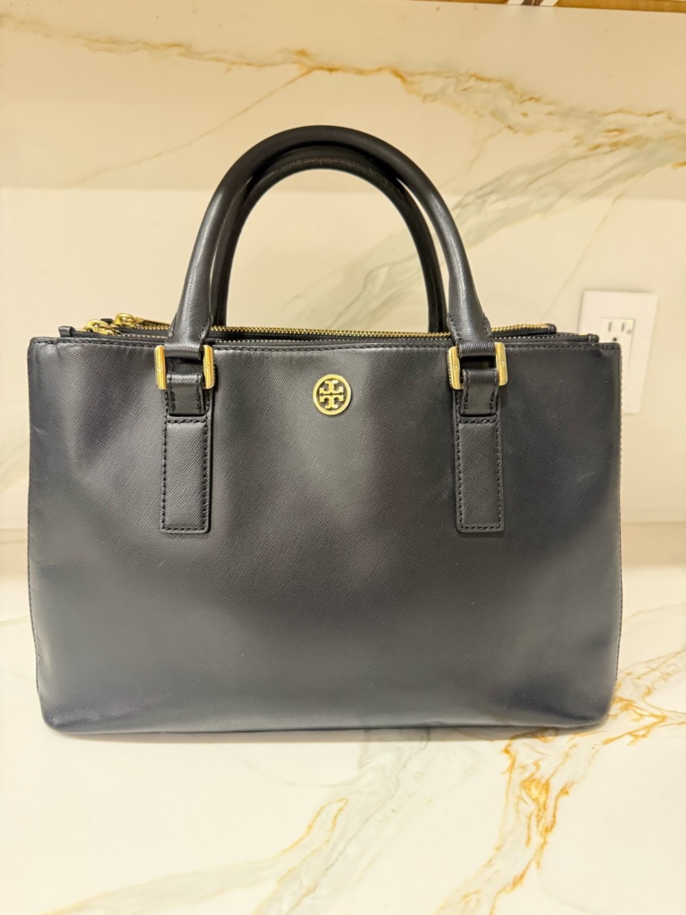 Tory Burch Navy Saffiano Leather Satchel with Gold Hardware